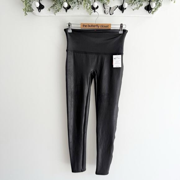 SPANX Pants - Spanx Black Faux Leather Leggings Pants Shape Wear Shiny Size XL E812